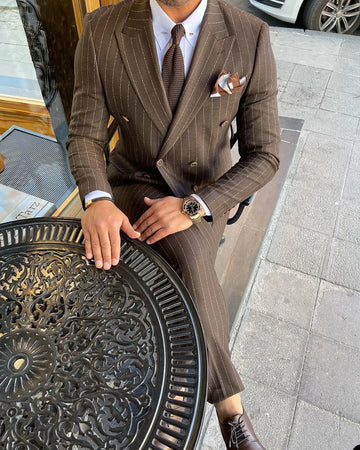 Aidase Brown Pinstripe Men Suit 2 Pieces Business Blazer Pants Double Breasted Wedding Groom Formal Work Wear Party Causal Tailored aidase-shop